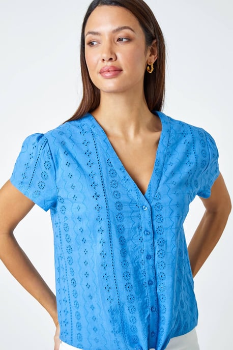 Tie Front Cotton Broderie V-Neck T-Shirt