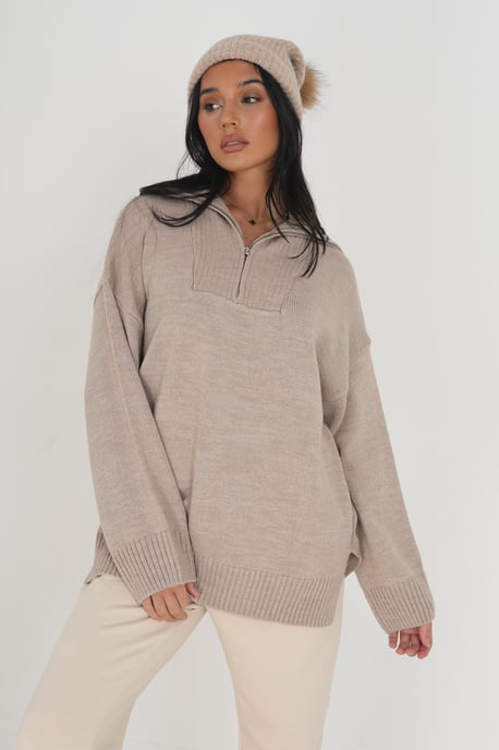 Stone Oversized Zip Collar Knitted Jumper