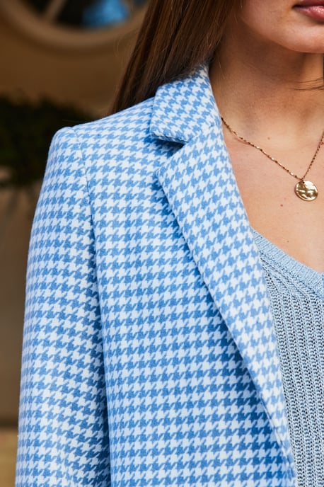 Blue & White Dogtooth Print Wool Mix Coat