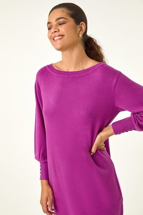 Button Detail Slash Neck Knitted Stretch Dress