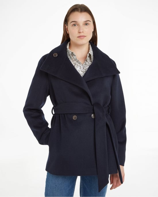 Tommy Hilfiger Wool Blend Womens Belted Funnel Jacket