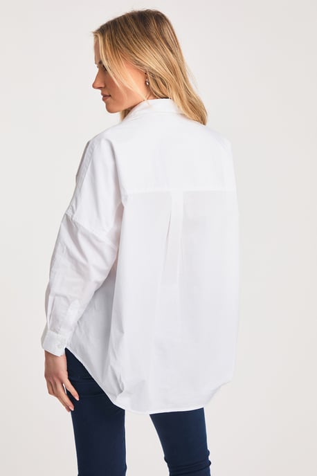 White Cotton Long Sleeve Poplin Popover High-Low Hem Shirt - Image 2