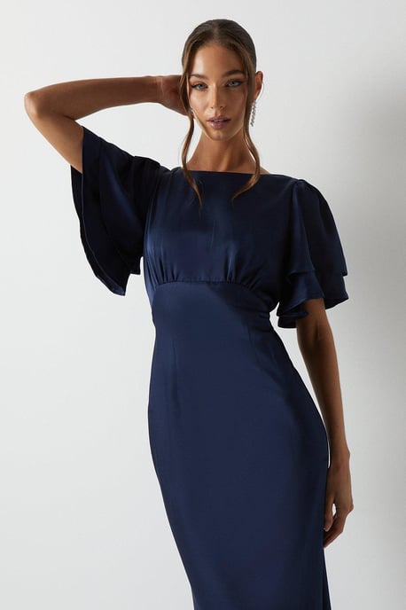 Satin Back Crepe Double Sleeve Bridesmaids Dress