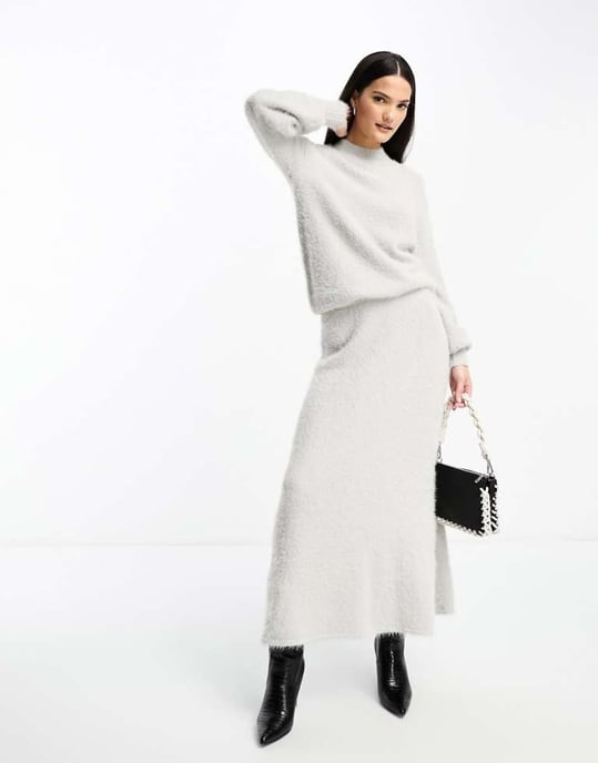 Y.A.S fluffy maxi skirt co-ord in grey
