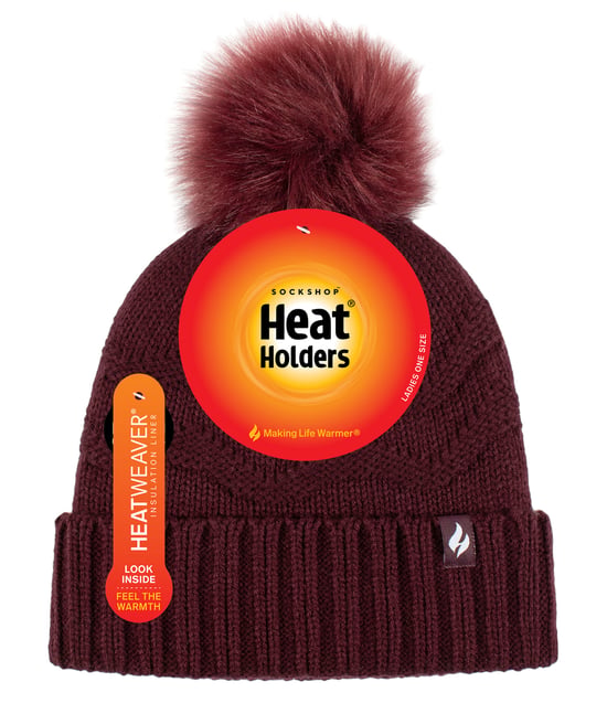 Heat Holders Dames Winter Bont Pom Pom Beanie Muts - Wijn - Image 2
