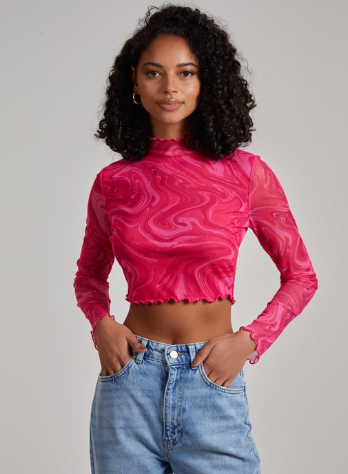 Marble Swirl Long Sleeve Mesh Crop Top