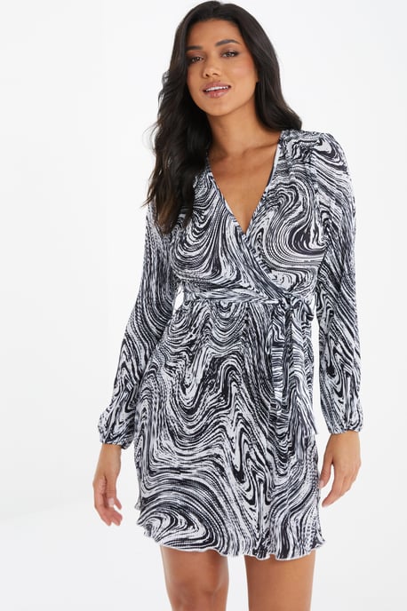 Black Plisse Swirl Wrap Dress
