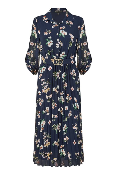 Mela Navy Floral Print Midi Dress With Gold Buckle Belt Detail