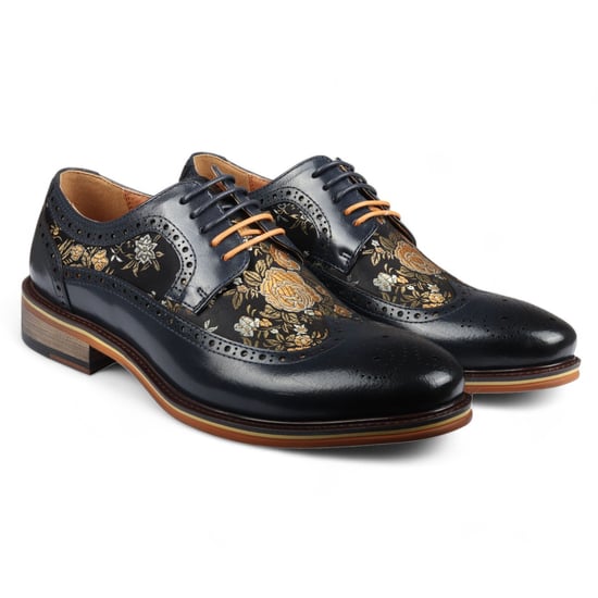 Justin Reess Heren Navy Blauw Leren Bloemenprint Brogue Dresschoenen - Ross - Image 2