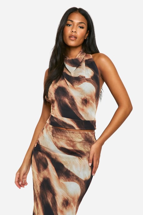Tall Abstract Print Mesh Cowl Top