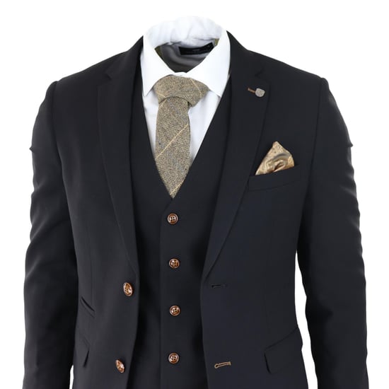 Mens Black 3 piece Suit Brown Trim Classic Birdseye Vintage Wedding Grooms