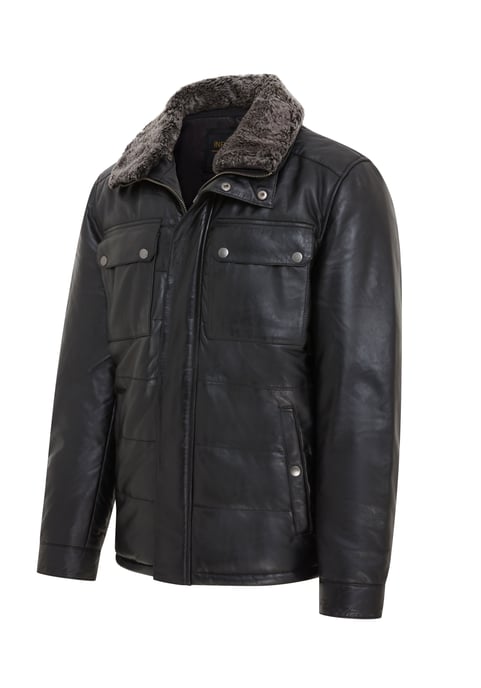 Mens Black Leather Puffer Quilted Jacket - Farsund