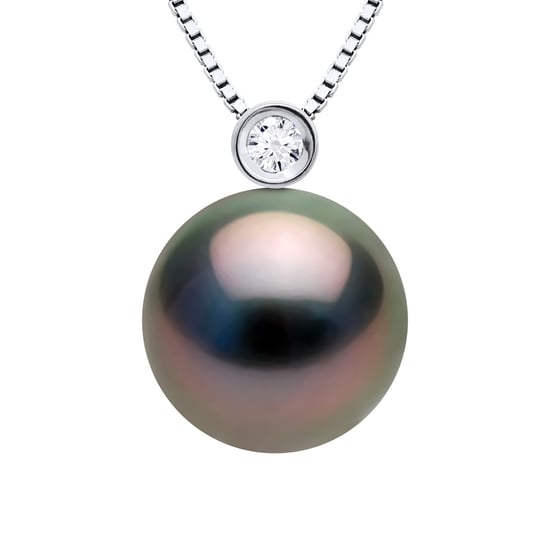 Necklace Jewelry Prestige Diamond 0.03 Cts - CLOSED SET - Real Cultured Tahiti Pearl Round 10-11 mm