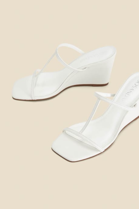 White Leather Square Toe Strappy Wedged Mules