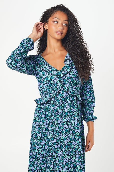 Tall Blue Ditsy Ruffle Front Midi Dress - Image 2