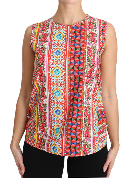 Dolce & Gabbana Dames Carretto Print 100% Katoenen Tanktop Bloemen Blouse - Image 1