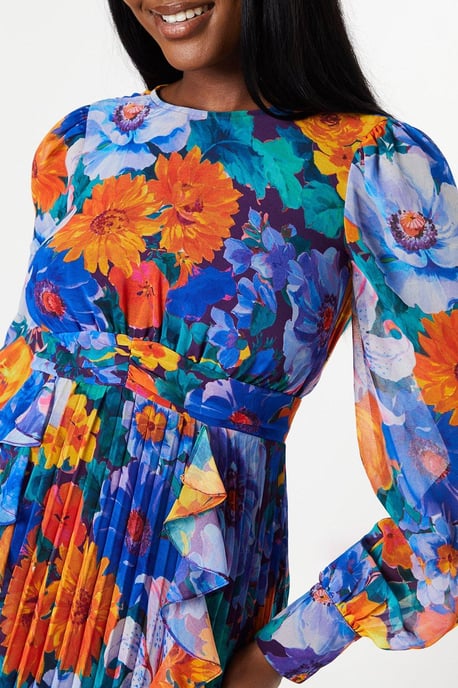 Printed Ruffle And Pleated Midi Dress With Blouson Sleeve - Image 4