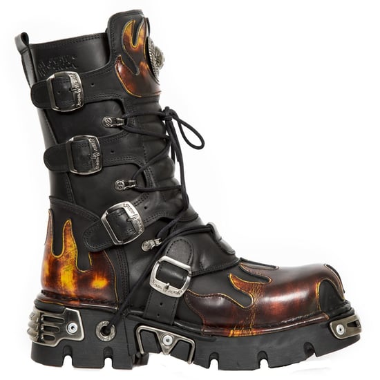 New Rock Flame Accented Black/Red Leather Boots- 591-S1