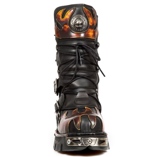 New Rock Flame Accented Black/Red Leather Boots- 591-S1