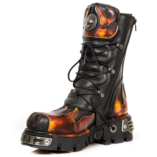 New Rock Flame Accented Black/Red Leather Boots- 591-S1