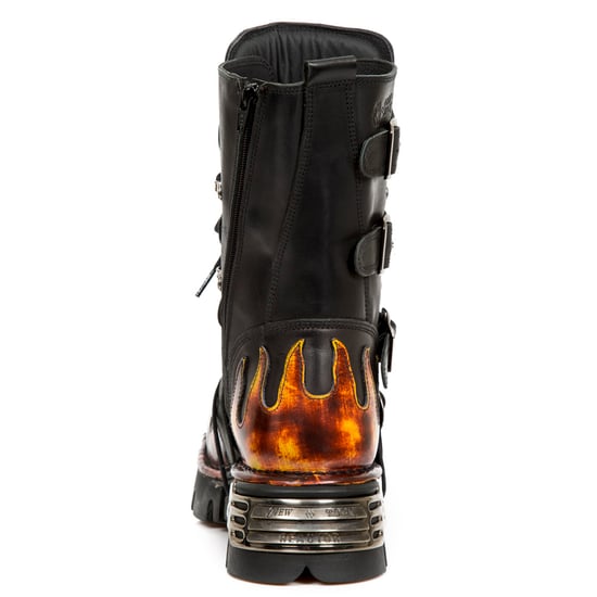 New Rock Flame Accented Black/Red Leather Boots- 591-S1