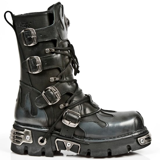 New Rock Flame Accented Black/Silver Leather Boots-591-S2