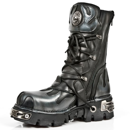 New Rock Flame Accented Black/Silver Leather Boots-591-S2