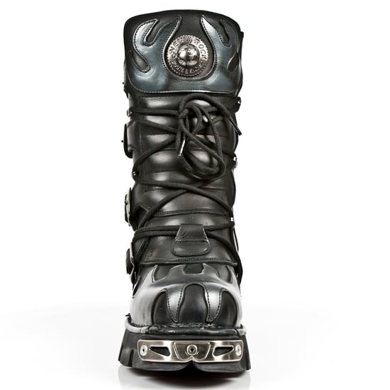 New Rock Flame Accented Black/Silver Leather Boots-591-S2
