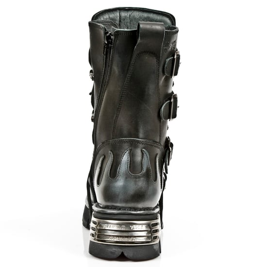New Rock Flame Accented Black/Silver Leather Boots-591-S2