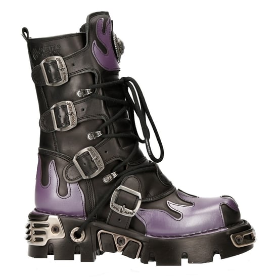 New Rock Flame Accented Black/Purple Leather Biker Skull Boots- M-591-S5