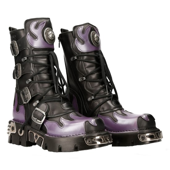 New Rock Flame Accented Black/Purple Leather Biker Skull Boots- M-591-S5