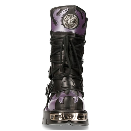 New Rock Flame Accented Black/Purple Leather Biker Skull Boots- M-591-S5