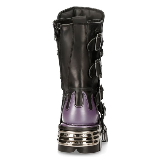 New Rock Flame Accented Black/Purple Leather Biker Skull Boots- M-591-S5