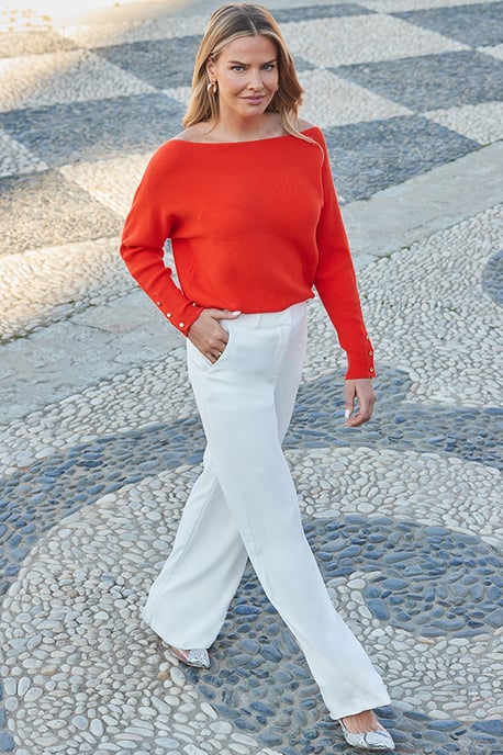 Orange Rib Batwing Jumper With Gold Button Detail