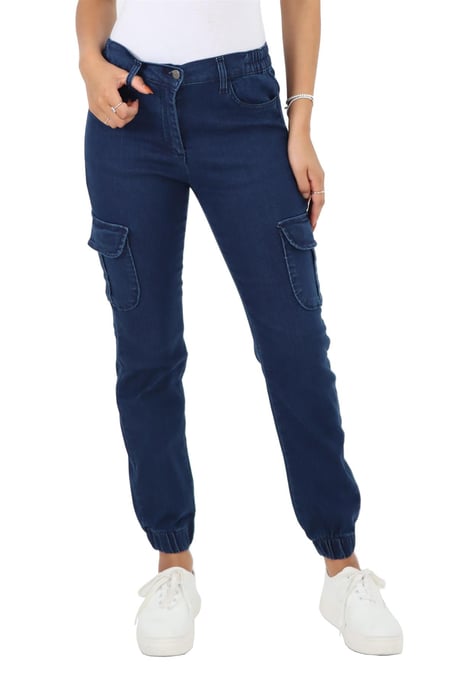 Damesjeans met elastische taille en zelfboeien in donkere stonewash - Image 1