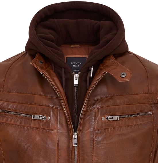 Mens Brown Hooded Leather Biker Jacket - Stavern