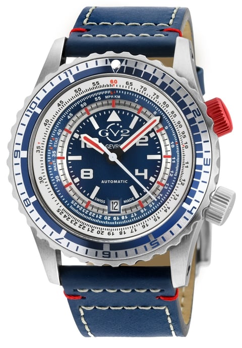 GV2 Contasecondi Men's Blue/Red Dial Blue Calfskin Leather Watch - Image 1