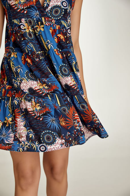 Sleeveless Navy Flora Print A Line Dress