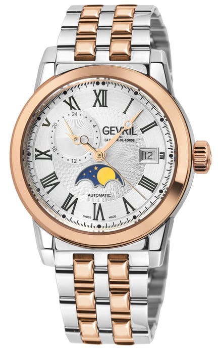 Gevril Men's Madison Moon phase Open Heart Silver/Black Dial, Rose Gold Stainless Steel Swiss Automatic Sellita SW285-B Watch