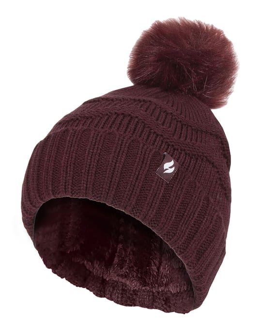 Heat Holders Dames Winter Bont Pom Pom Beanie Muts - Wijn - Image 1
