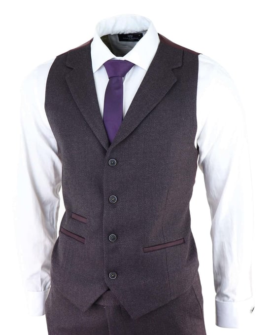 Mannen Paars Pruim 3-delige Tweed Haringbeen Pak Peaky Blinders Klassiek Op Maatgemaakt - Image 4