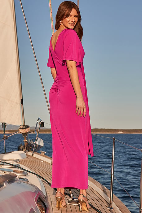 Purple Ruched Detail Angel Sleeve Maxi Dress