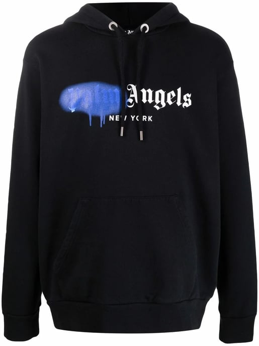 Palm Angels New York Blauwe Spuitlogo-print Hoodie Zwart - Image 1