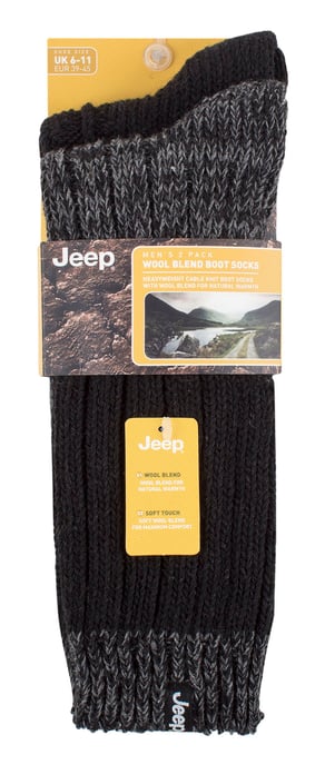 Heren Wollen Wandelsokken | Jeep | Zware Geribbelde Kabelgebreide Wollen Mix Boot Sokken | Ademend Buitensokken - Zwart / Antraciet - Image 2