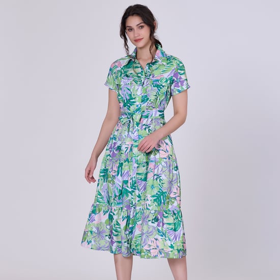 Tropical print midi shirt dress