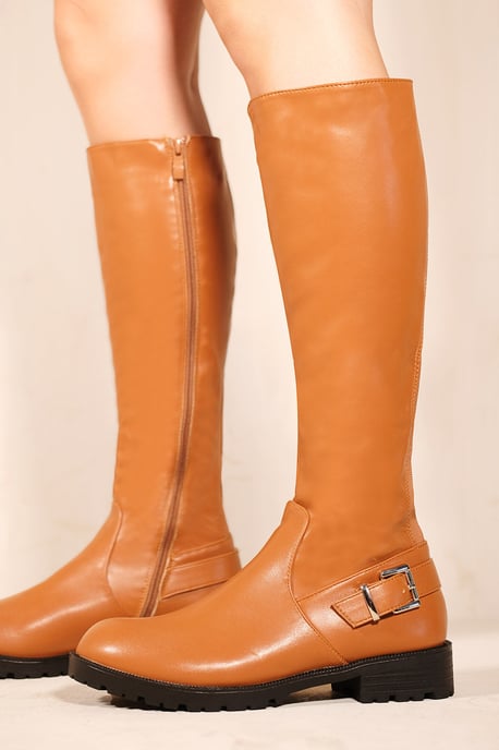Where's That From Womens 'Roobie' Calf High Stretch Boots With Buckle In Tan Faux Leather