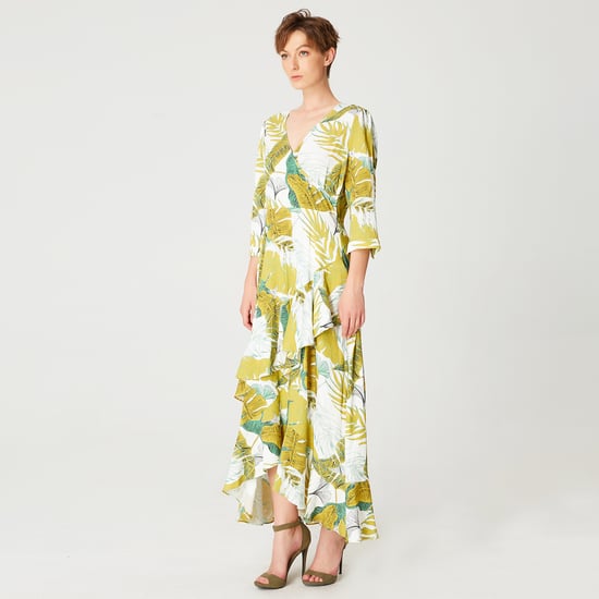 Tropical print frilled midi dress with cross bust