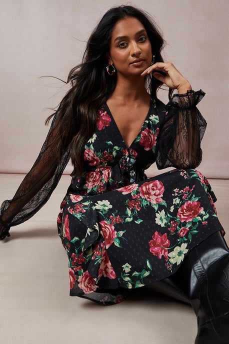 Floral Lace Sleeve Ruffle Front Midi Dress