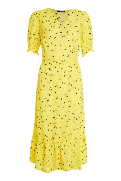 Yellow Floral Wrap Midi Dress