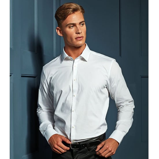 Premier Mens Stretch Fit Poplin Long Sleeve Shirt (White)